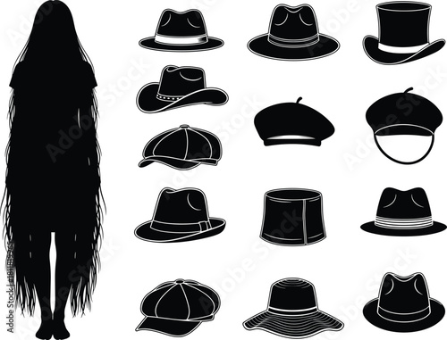 Hat silhouette vector illustration, CAD streetwear flat vector illustration, fashion accessories set, black and white design, character styling