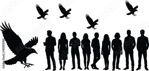 Human and bird silhouette scene, dramatic contrast, group standing, flying crows, fashion concept, vector art, black composition
