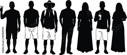 Human silhouette group standing, fashion poses, casual attire, peace sign, drink gesture, vector illustration, black composition, design reference