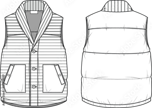 Padded vest CAD, front and back view, shawl collar, striped detail, winter outerwear fashion flat, technical vector 
