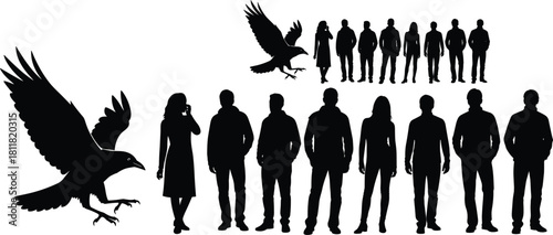 Silhouette of people and flying bird, crow vector art, dramatic contrast scene, black shapes on white, symbolic