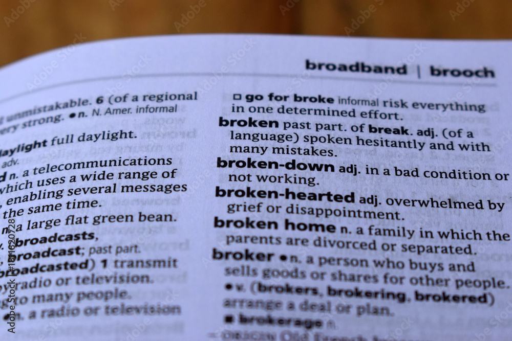 Obraz premium English Dictionary Page Close Up With The Word Meaning Of -broken-down
