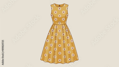 Yellow sleeveless midi dress with a daisy floral print and pleated skirt on a light beige background Keywords: yellow dress, sleeveless dress, midi dress, daisy print, floral
