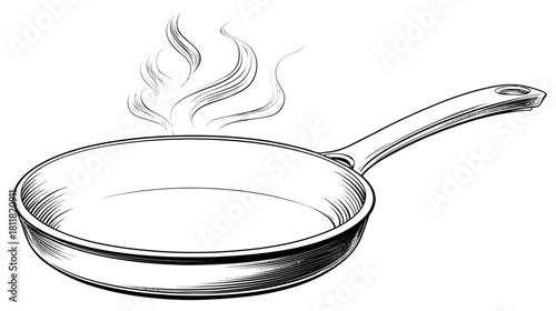 Black and white line art illustration of a hot frying pan with steam rising, empty kitchen utensil for cooking food
