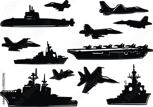 Military ships, submarines, fighter jets, aircraft carriers, war navy vessels, defense transport vehicles, battle fleet silhouette design, cad drawing flat vector illustration