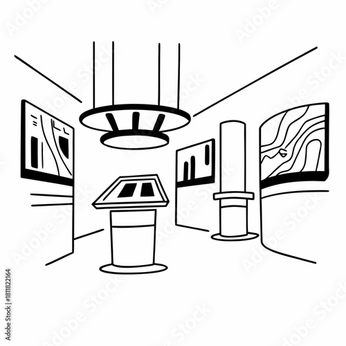 Modern museum exhibit with interactive displays and wall art