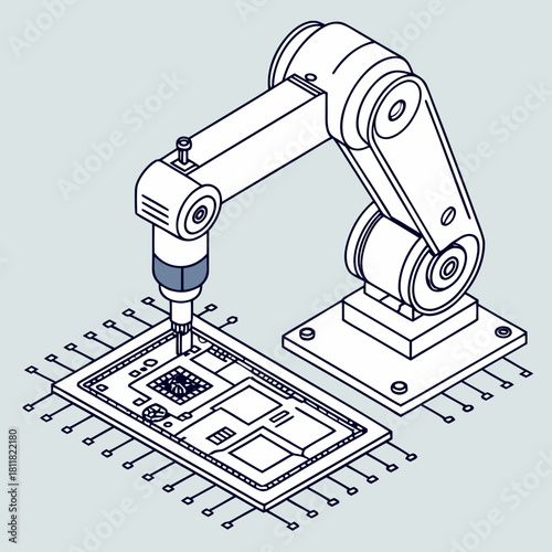 Robotic arm assembling a microchip on a circuit board