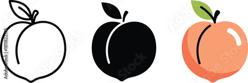 Peach fruit icons set isolated on white background, Vector, illustration