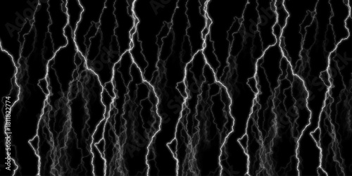 Dramatic Electric Lightning Strikes Abstract Pattern on Black Background. Lightning Effect Overlay, Isolated Electric Thunderstorm Bolt Strikes on Dark Night Sky Background.	