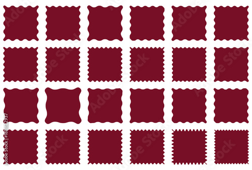 Red silhouette scalloped frames.  Zigzag edge frame square shape various with scallop edge. Geometric shapes stickers with zigzag wavy edge. 