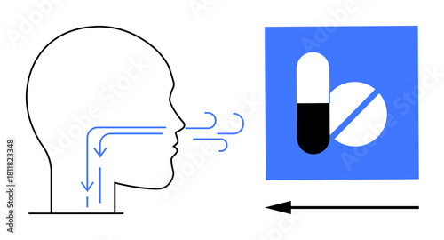 Medication concept. Illustration of breathing airflow in human respiratory system alongside pills healthcare and drug treatments. Medication highlights respiratory health and recovery. For medical