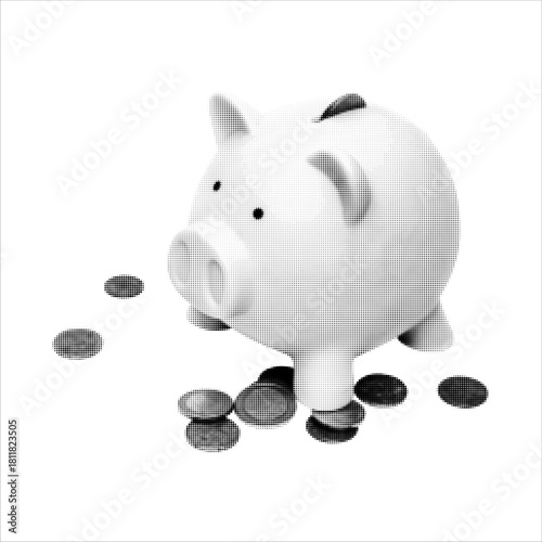 Halftone illustration of a piggy bank with scattered coins. Minimal monochrome financial concept for savings, investment, budget planning, and economic design projects.