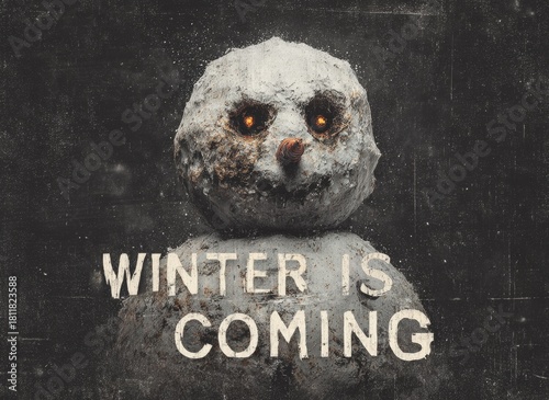 Illustration of a snowman with coal eyes melting in the sun