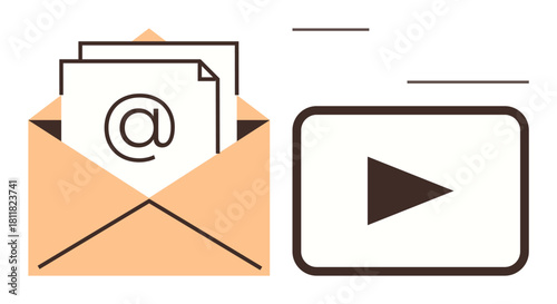 Open envelope with document featuring symbol alongside a play button, representing messaging, email marketing, multimedia sharing, video streaming, online communication, digital promotion, and modern
