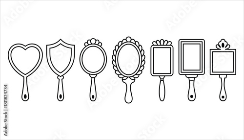 Collection of seven hand mirrors with different shapes and decorative handles in black outline on white background