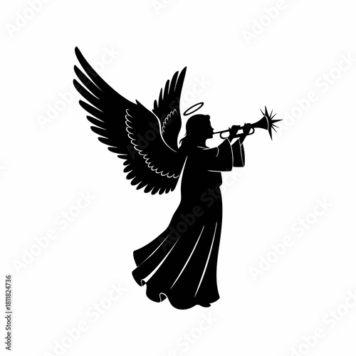 Vector silhouette of a winged angel blowing a trumpet, for Christmas concept design