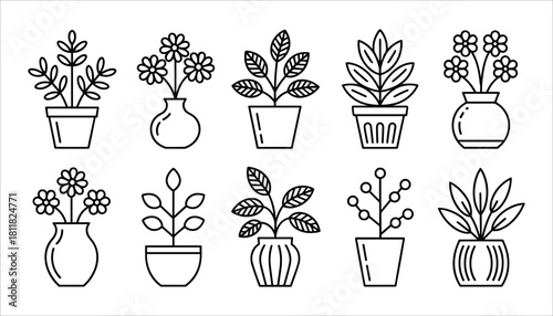 Collection of ten black and white outline icons depicting potted plants and flowers in vases vector