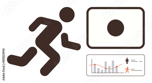 Individual in motion toward a recognition device, accompanied by a performance graph and personal data interface. Ideal for technology, security, identity, analytics, monitoring, fitness, innovation
