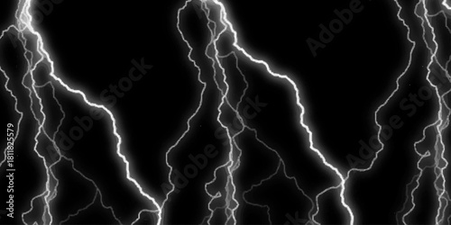 Dramatic Electric Lightning Strikes Abstract Pattern on Black Background. Lightning Effect Overlay, Isolated Electric Thunderstorm Bolt Strikes on Dark Night Sky Background.	