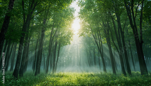 Sunlight Streaming Through Misty Green Forest Creating a Peaceful, Serene and Refreshing Nature Scene