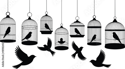 Bird cages with birds, flying bird silhouettes, vintage cage design, freedom concept, animal illustration, decorative art - cad drawing flat vector illustration"