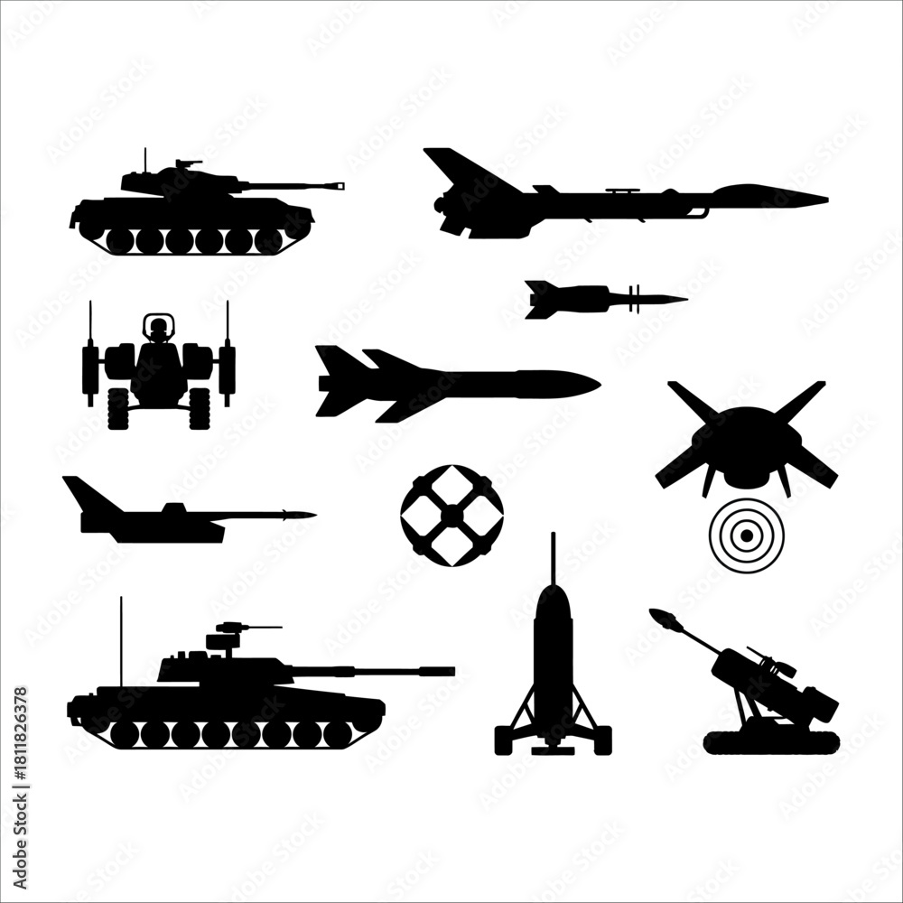 Obraz premium Set of black military aircraft silhouettes including jet, helicopter, and transport plane vector illustration on white background