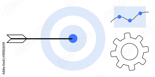 Arrow hitting bullseye, graph with data points, and gear symbolizing goal-focused strategy, progress, optimization. Ideal for business, success, performance data growth efficiency. Simple flat
