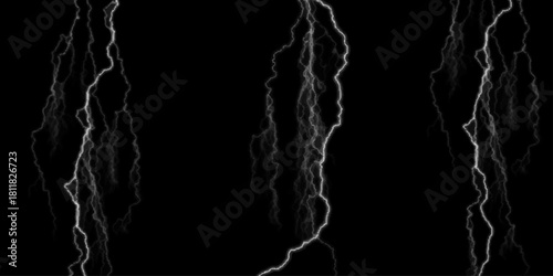 Dramatic Electric Lightning Strikes Abstract Pattern on Black Background. Lightning Effect Overlay, Isolated Electric Thunderstorm Bolt Strikes on Dark Night Sky Background.	