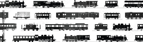 Collection of old trains, vintage steam locomotives, railway carriages, retro transport vehicles, antique engines, historical rail transport - cad drawing flat vector illustration
