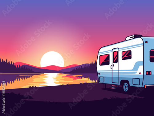 camping landscape camper silhouettes loving couple trailer mountains forest bonfire evening sunset outdoor recreation travelling illustration