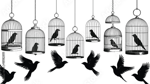 Collection of bird cages with birds, flying bird silhouettes, freedom concept, decorative cage design, vintage style - cad drawing flat vector illustration