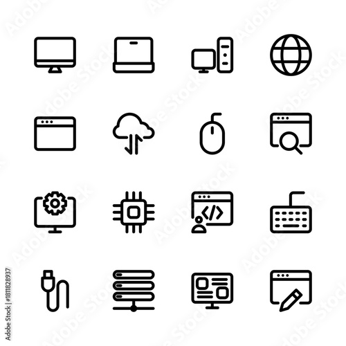 Internet computer icon set. Computer, laptop, website, server, web, hardware, software and more icons. Line icons.