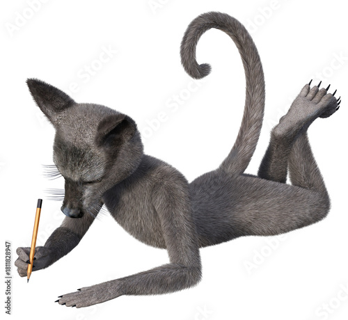 Grey anthropomorphic creature, resembling a big mouse, laying and writing or drawing on the floor with pencil. 3d rendering on transparent background, no AI used
