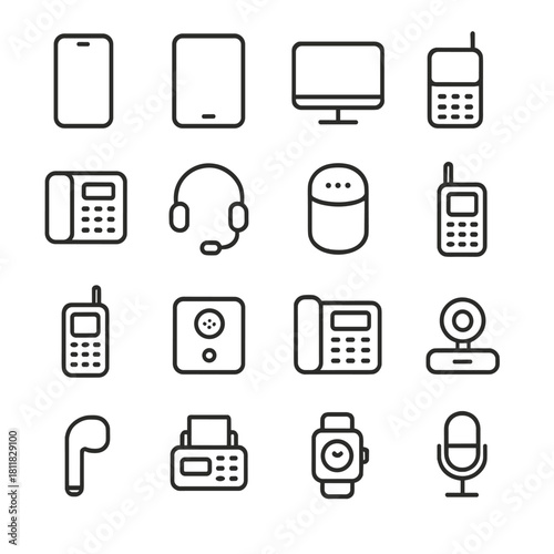 Communication devices linear icon set. featuring smartphone, tablet, monitor, headset, smartphone, and smartwatch icons