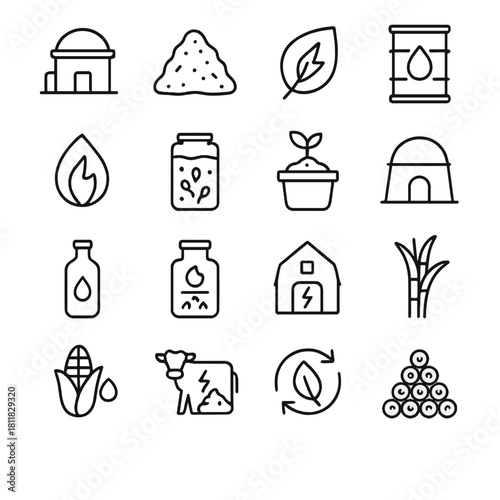 Eco linear icons set. featuring factory, grain, leaf, barrel, flame, jar, plant, hut, bottle, corn
