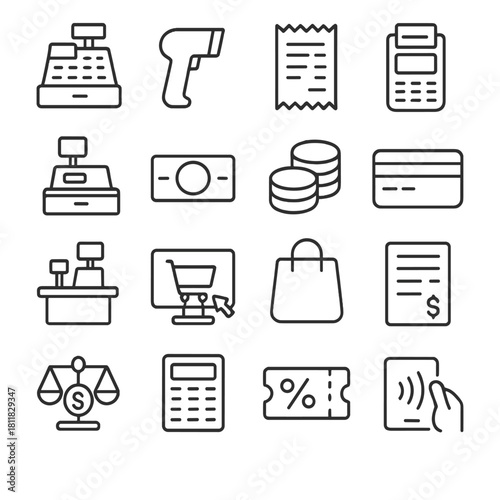Retail and payment linear icon set. featuring register, scanner, receipt, pos, coins, card, and shopping cart symbols