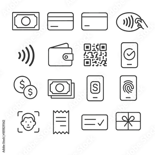 Payment methods linear icon set. featuring credit card, mobile payment, qr code, money, and wallet symbols