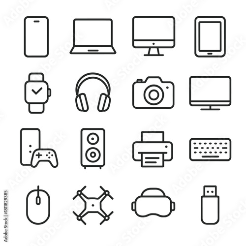 Electronics gadgets linear icon set. featuring smartphone, laptop, monitor, tablet, watch, headphones