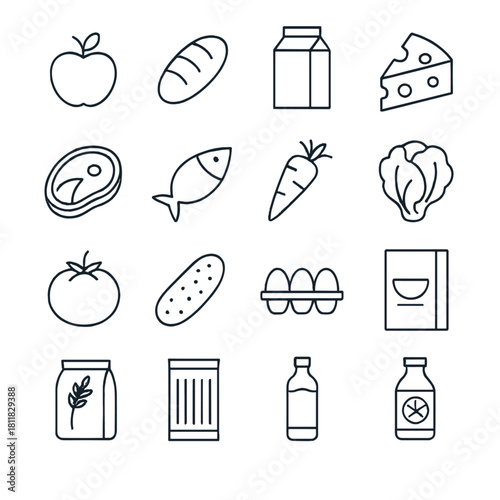 Healthy eating linear icon set. featuring apple, bread, milk, cheese, steak, fish, carrot, lettuce, tomato, cucumber, eggs, cookbook, flour, pasta, bottle, juice