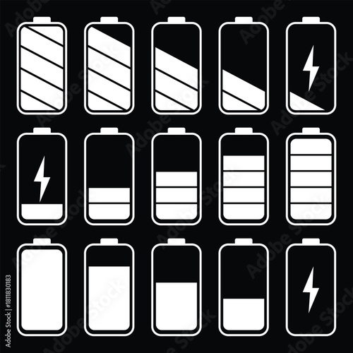 Battery charge level indicator. Charge battery level icon. Fully charged and discharged battery in 0 to 100 % level icon. Charger phases illustration. 