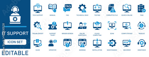 IT support icon set. featuring tech support, troubleshooting, diagnostics, cloud computing, installation, maintenance, errors, and online assistance. perfect for vector icon collection.
