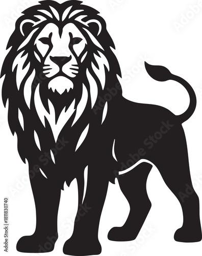 Majestic Standing Lion Silhouette Vector, Black and White Animal Icon