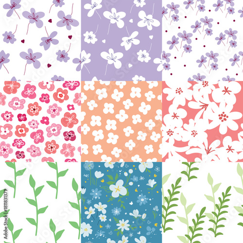 A set of simple floral seamless patterns. A collection of hand-drawn pink and lilac flowers.