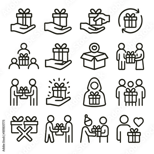 Gift giving linear icon set. featuring handholding, exchanging, group, delivery, and celebration icons