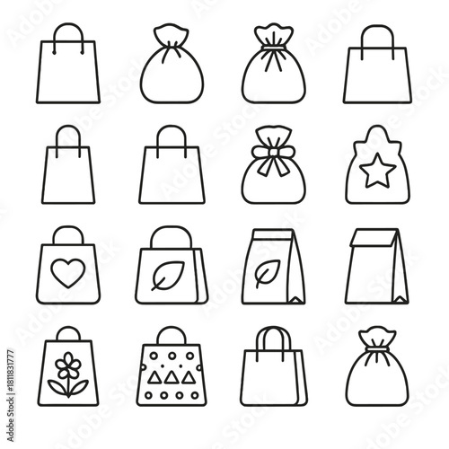 Shopping bags linear icon set. featuring gift, eco, heart, star, floral, reusable, and tote symbols