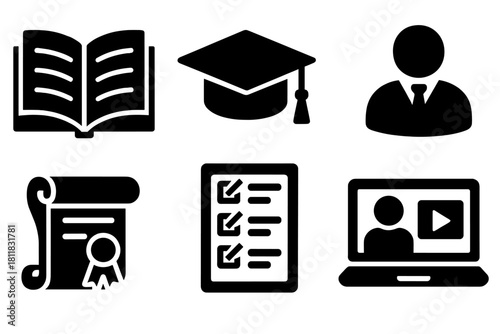 Education silhouette icons set. featuring book, graduation cap, user, diploma, checklist, and webinar symbols