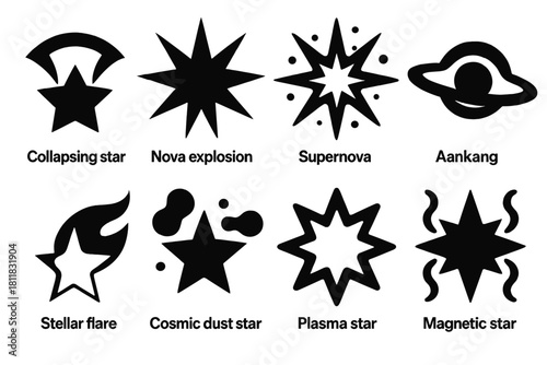 Celestial events silhouette icon set. featuring collapsing star, nova explosion, supernova, aankang, stellar flare