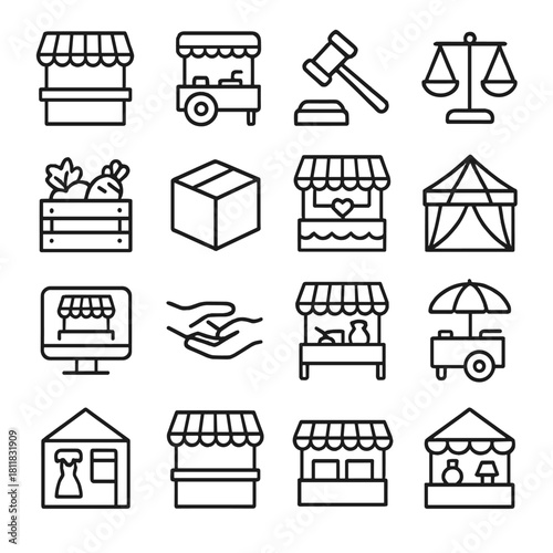 Marketplace and fair linear icon set. featuring booth, cart, gavel, scales, farm, and tent symbols