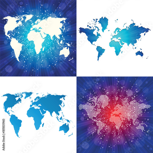 A collection of political maps of the world. A set of blue outline maps.