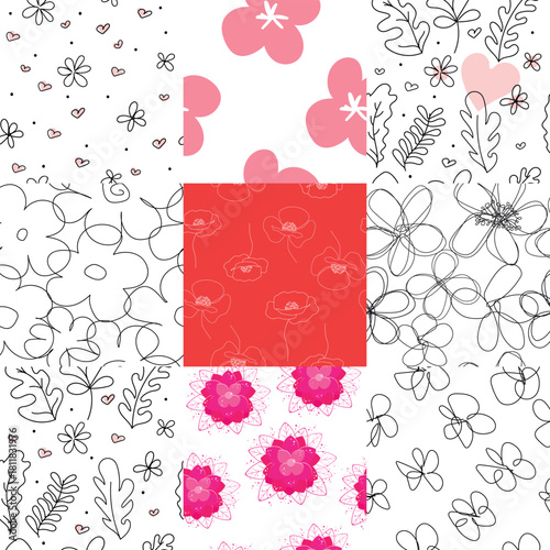 A set of simple floral seamless patterns. A collection of hand-drawn line, black and white, and pink flowers.